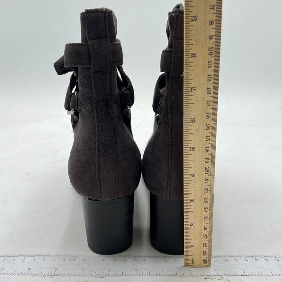 Dark Brown Block Low Heel Suede Cowgirl Boot Pull on Ankle Boot with Buckle - Picture 4 of 6